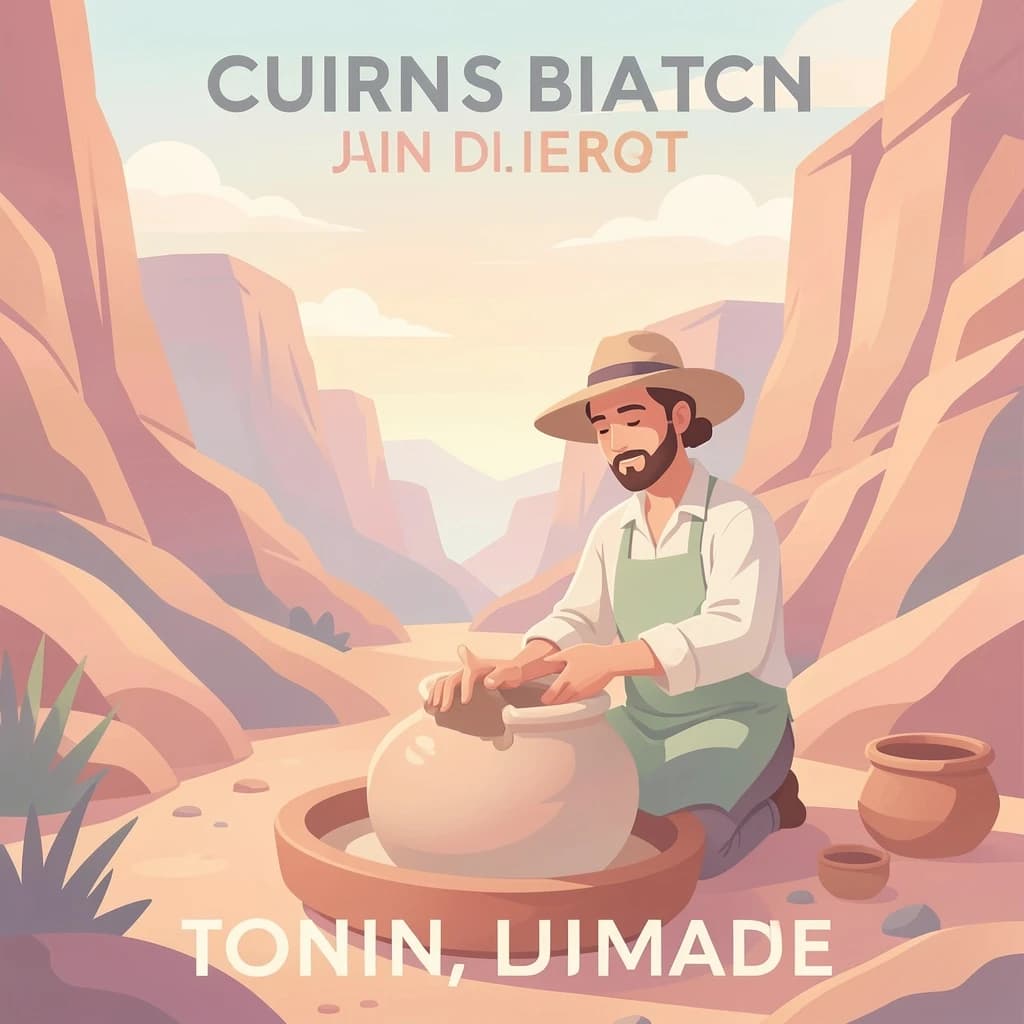 Poster illustration of a potter in a desert canyon, soft gradient fills, smooth vector finish, pastel palette.
