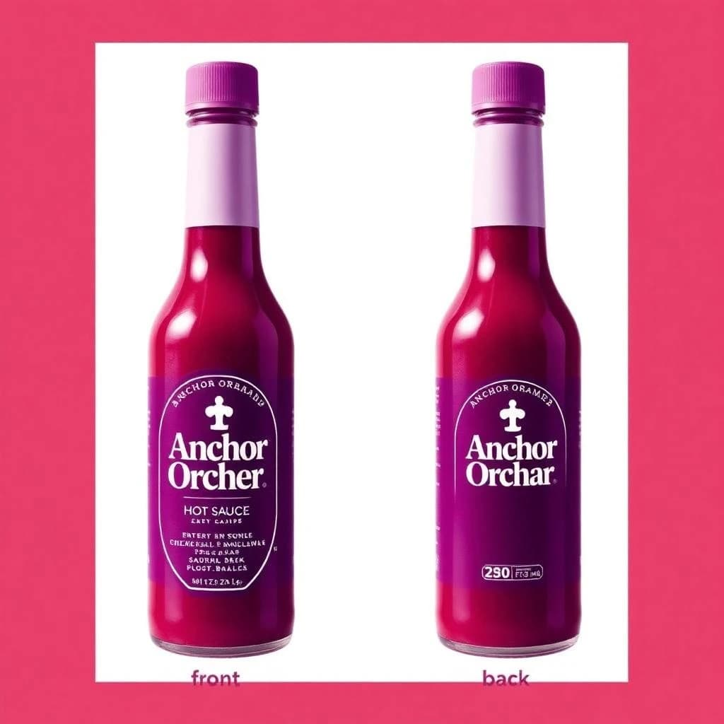 Printed poster: one hot-sauce bottle in two views. The views are captioned "front" and "back" in that order. The wordmark "Anchor Orchard" appears on every view. The purple-and-white coloring is the same across every view, and only the angle changes.