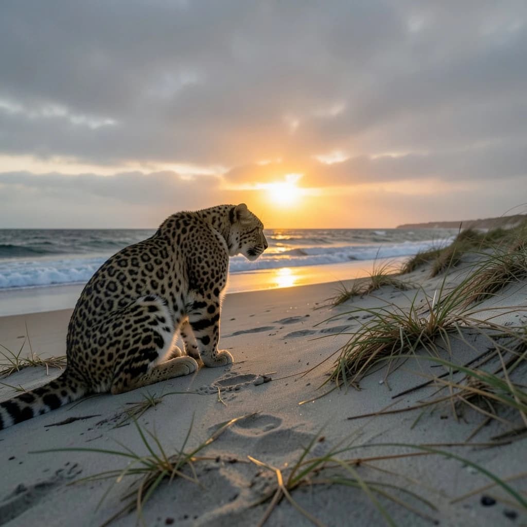 The pause when a snow leopard meets a low band of sun, on a windswept beach, under an overcast sky.