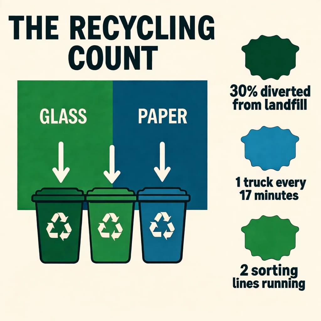 Printed poster titled "The Recycling Count". Three sorting bins with arrows to their destinations sits at the center, carrying two keyed regions, "Glass" shaded green and "Paper" shaded blue. Three stat chips run down a right column, reading "30% diverted from landfill", "1 truck every 17 minutes" and "2 sorting lines running". Each key color matches the shading of the region it names.