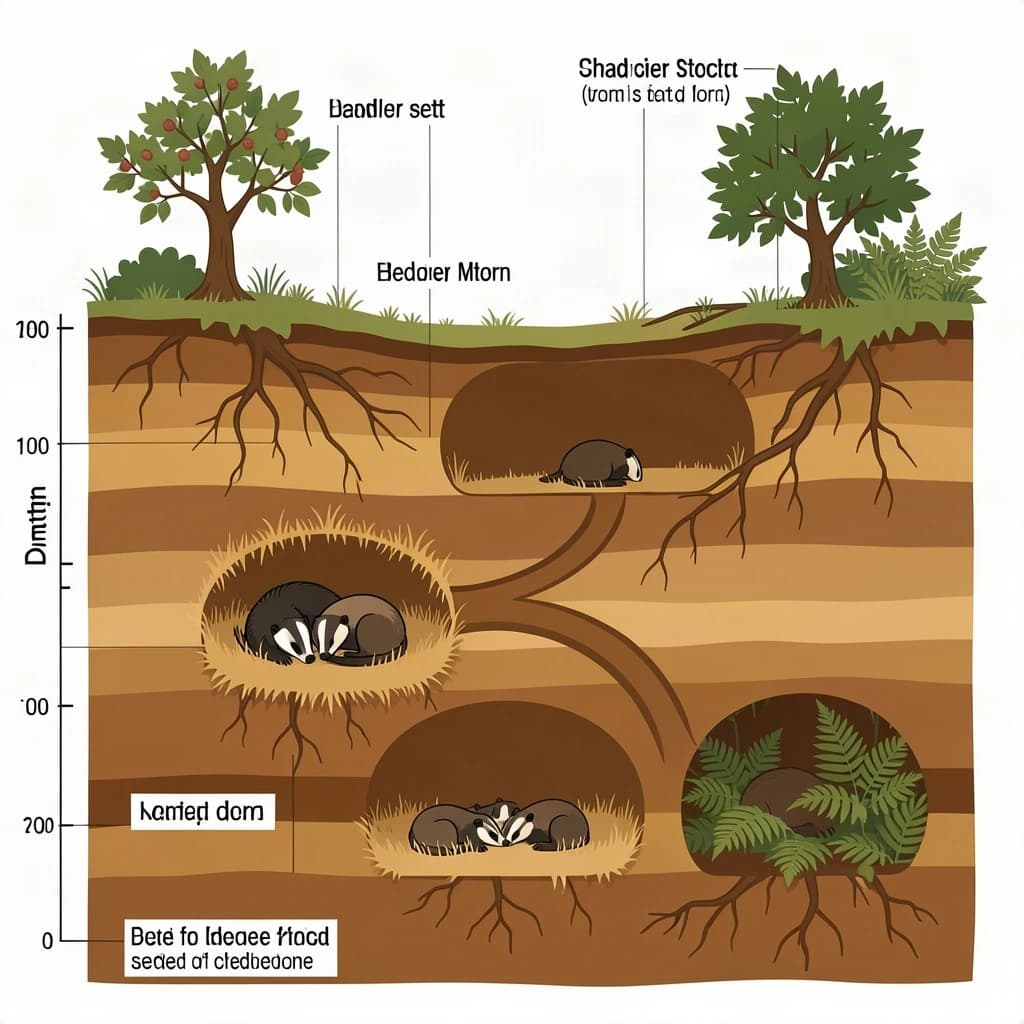 Flat vector cross-section of a badger sett cut through a hillside, soil drawn as layered ochre bands with tree roots threading through. Four chambers at different depths: the deepest lined with dry grass holding two sleeping badgers curled together, one mid level chamber standing empty, one holding three cubs, and a shallow chamber used for bedding storage. Five tunnels connect them, and two entrances break the surface, the left one under a hawthorn and the right one screened by bracken. Labels sit outside the soil profile on hairline leaders, with a depth scale in metres down the left edge.