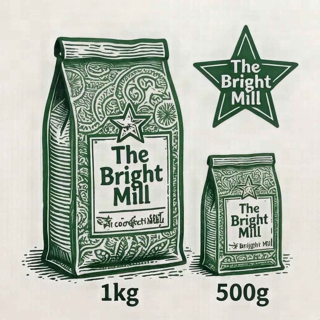 Linocut print: one coffee bag in three sizes. The sizes are captioned "1kg", "500g" and "250g" in that order. The wordmark "The Bright Mill" appears on every size with a five-point star outline beside it. The green-and-white coloring is the same across every size, and only the bag size changes.