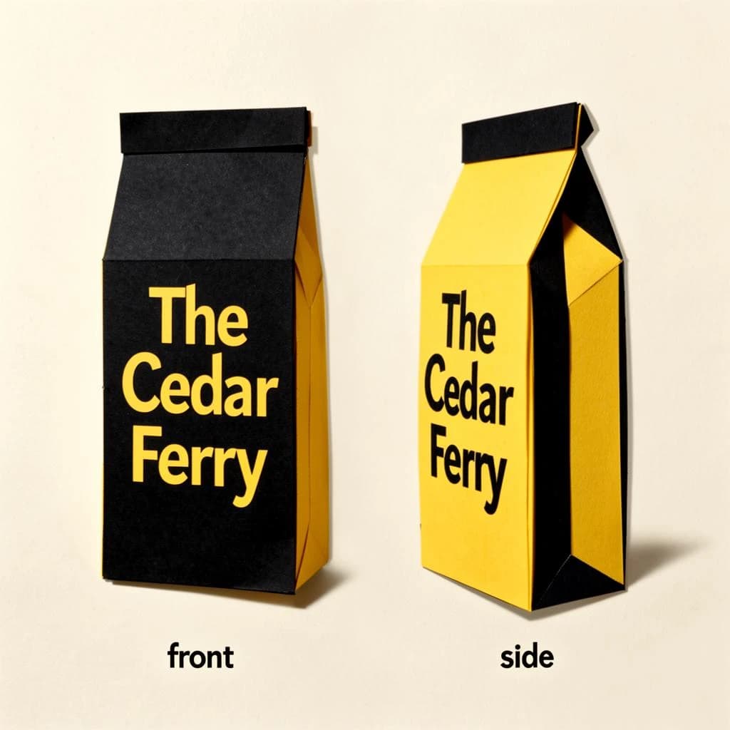 Cut-paper collage: one coffee bag in two views. The views are captioned "front" and "side" in that order. The wordmark "The Cedar Ferry" appears on every view. The black-and-yellow coloring is the same across every view, and only the angle changes.