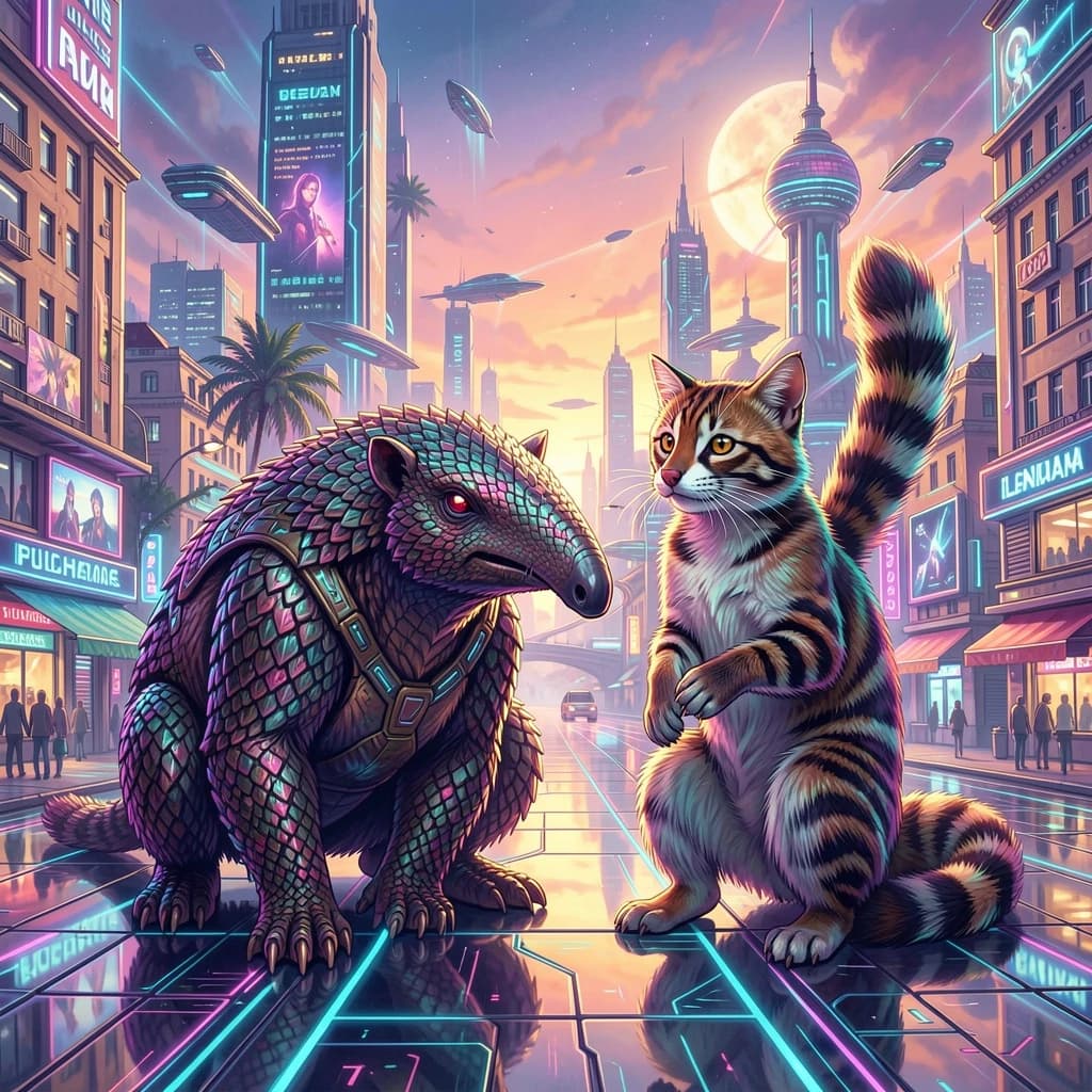 Scaly Anteater and Ringtail in Bucharest, Romania in the style of futurism