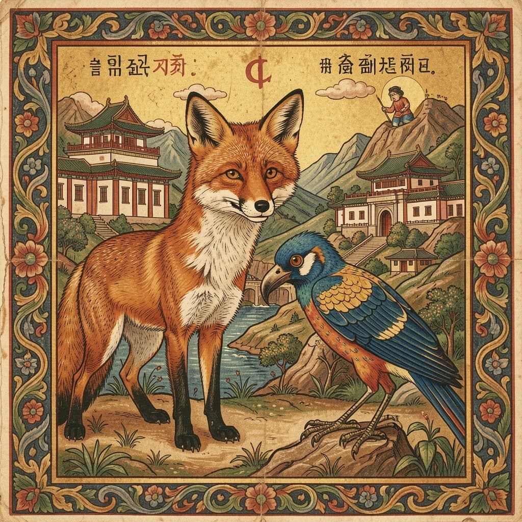 Fox and Turaco in Pyongyang, North Korea in the style of byzantine