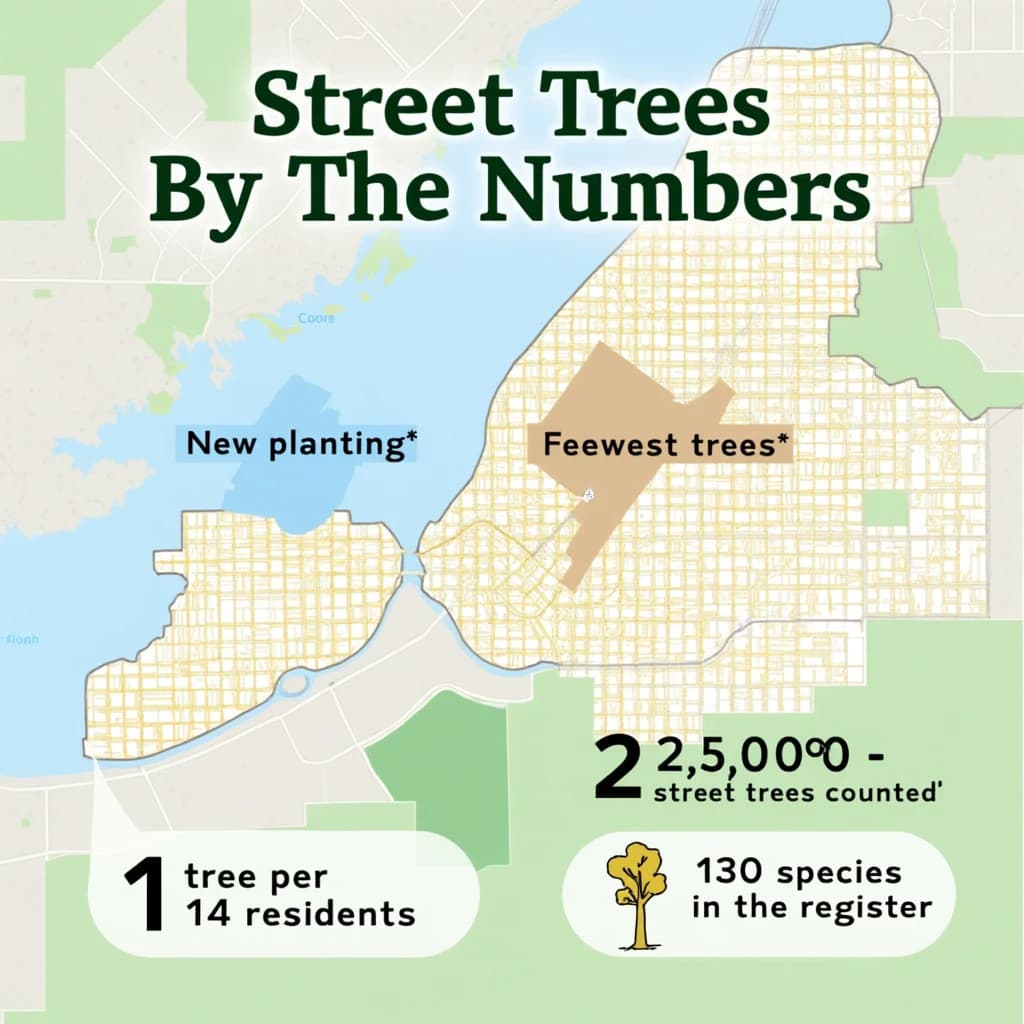Printed poster titled "Street Trees by the Numbers": at the center a simplified street map with shaded districts, carrying two keyed regions, "New planting" shaded light blue and "Fewest trees" shaded tan, beside a bottom row of three stat chips reading "1 tree per 14 residents", "23,000 street trees counted" and "130 species in the register".