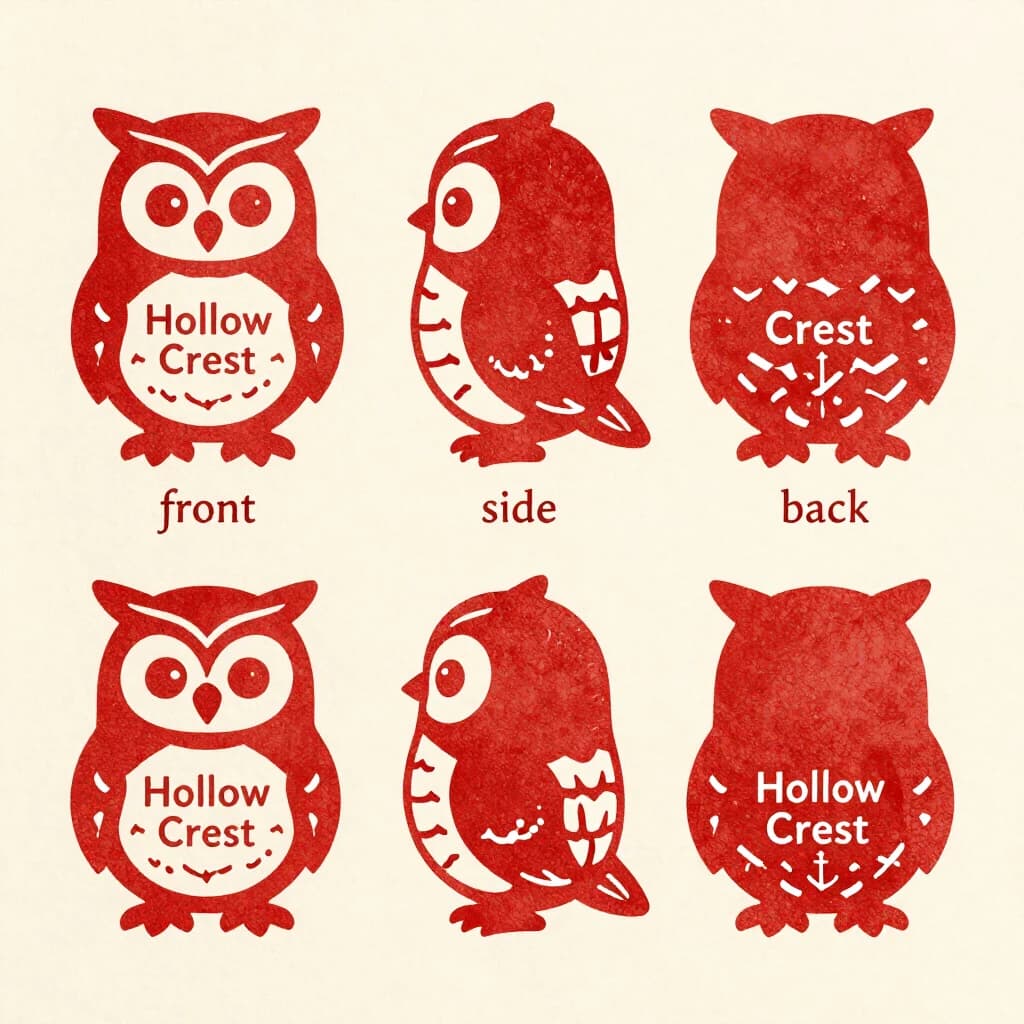 Linocut print: one bookstore owl mascot in three views. The views are captioned "front", "side" and "back" in that order. The wordmark "Hollow Crest" appears on every view with a small anchor mark beside it. The red-and-cream coloring is the same across every view, and only the angle changes.