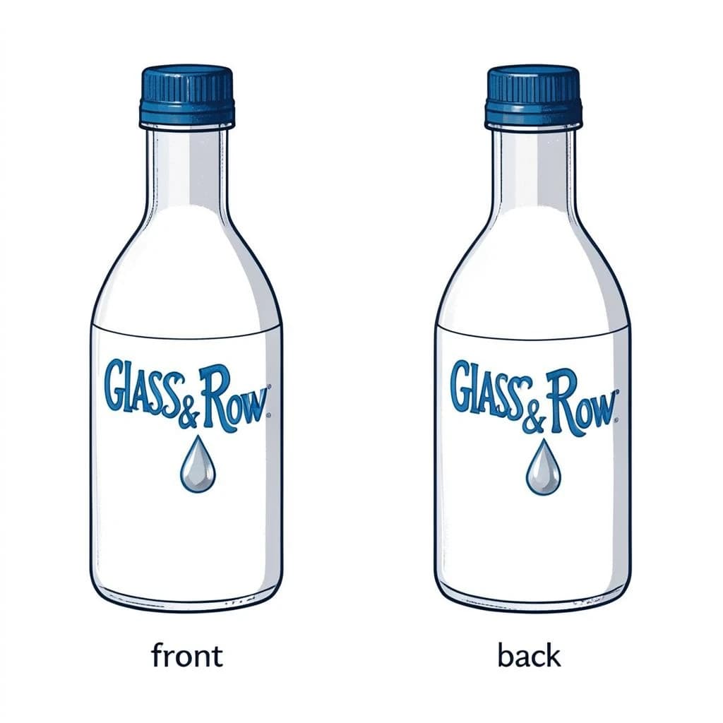 Printed poster of the same hot-sauce bottle drawn in two views, captioned "front" and "back", every view carrying the wordmark "Glass & Row" with a single droplet symbol beside it in the same blue-and-silver coloring, only the angle changing.