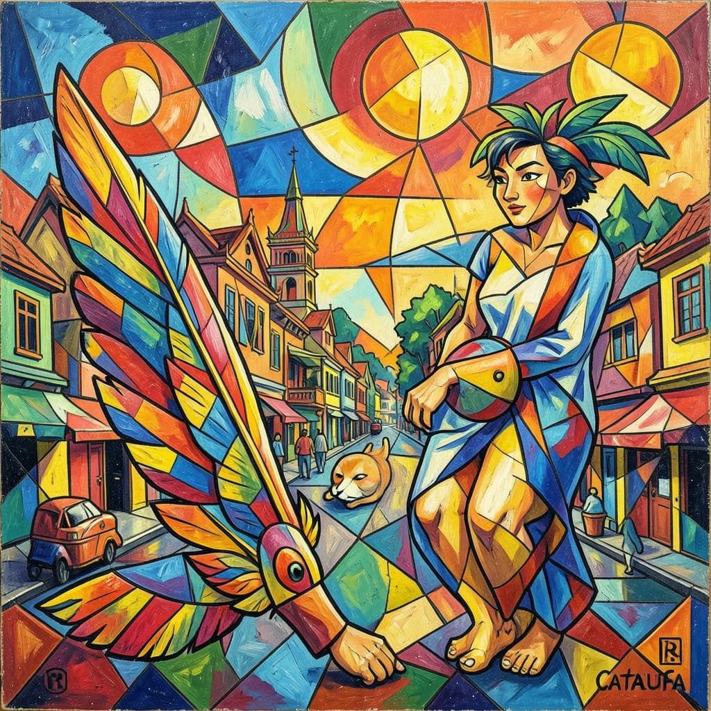 Flight Feather and Catalufa in Hanoi, Vietnam in the style of cubist