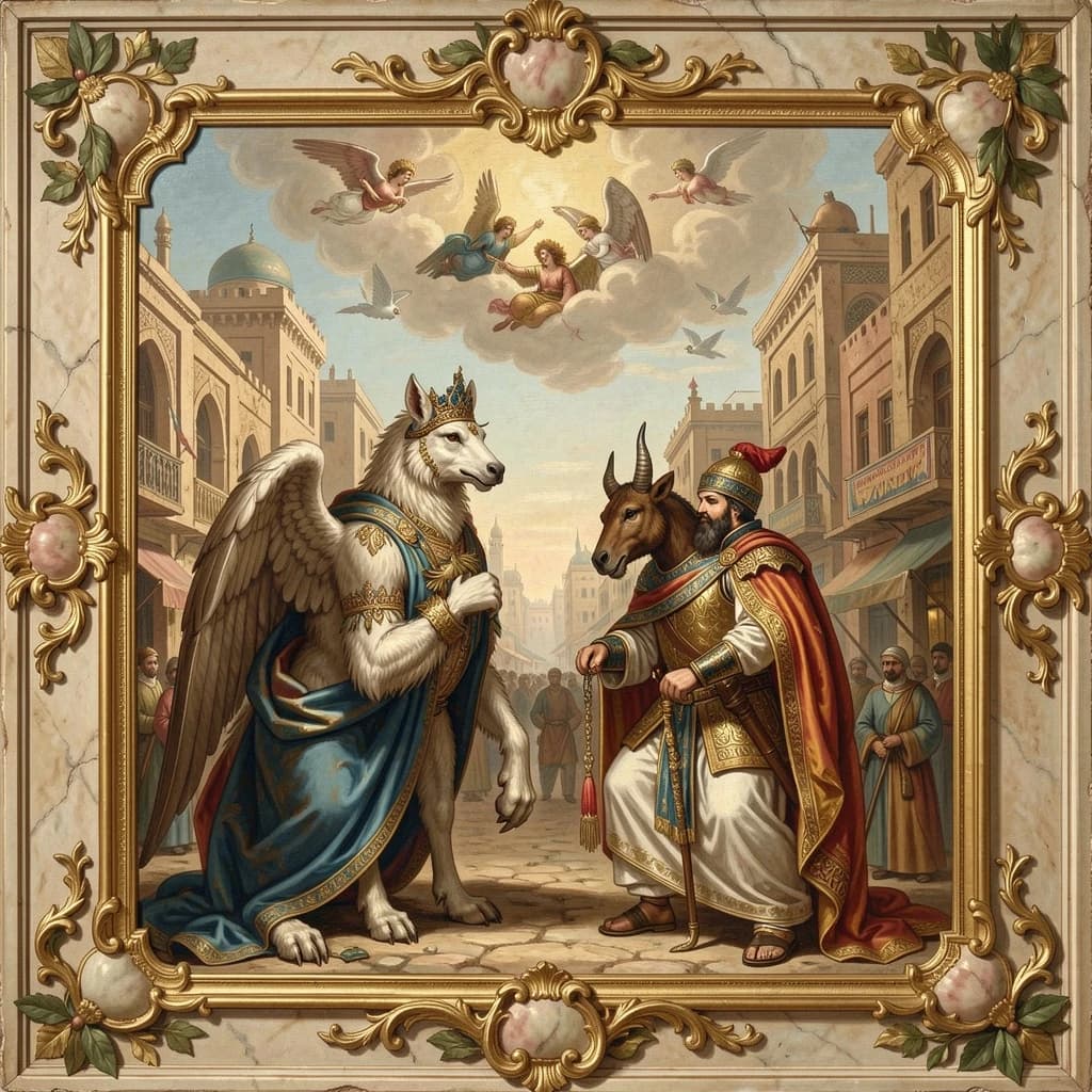 Aerie and Artiodactyl in Baghdad, Iraq in the style of rococo