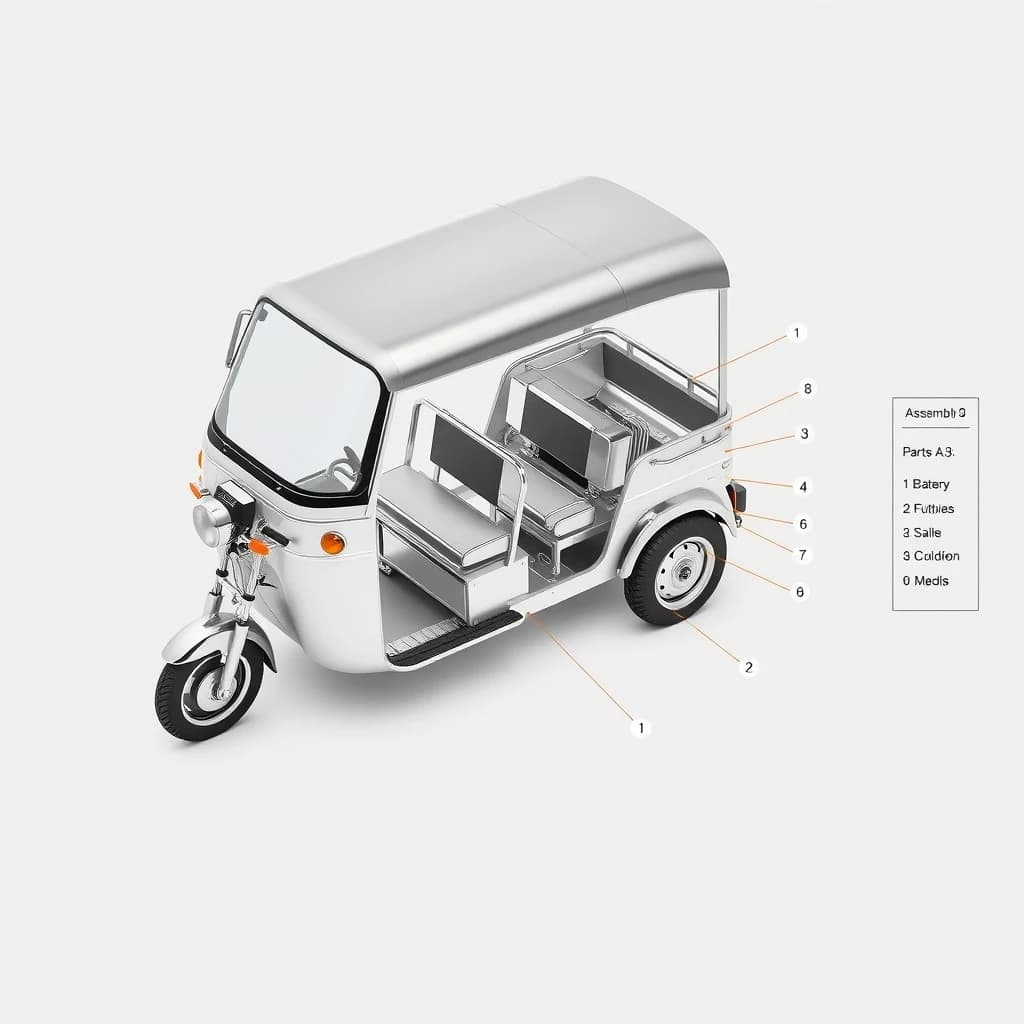 Exploded axonometric of an electric tuk-tuk, every part rendered in polished liquid chrome against a flat pale grey background, parts floating apart along thin leader lines. One front wheel below the fork, two rear wheels off the axle, two battery modules sliding out from under the bench seat with the left module taller than the right, four grab handles above the roof frame, one canopy panel on top. Numbered callouts one through seven with a parts list down the right edge and a title block reading "Assembly A-3".