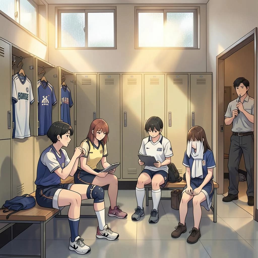 Modern anime interior for a high school volleyball series, wide view down a team locker room after practice. Eight lockers along the back wall in two banks of four, the three on the far left hanging open with jerseys spilling out and the rest shut. Four players occupy the foreground bench: the setter re-taping two fingers, the libero pulling on a knee sleeve, the captain reading a clipboard, and a first year asleep sitting upright with a towel over his face. A coach stands in the right doorway holding a whistle, half in shadow. Warm late-sun bars fall through high frosted windows, cel shading, clean bold linework.
