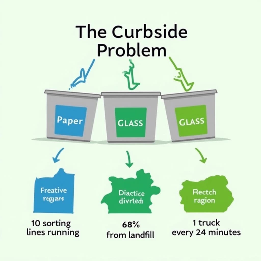 Flat vector illustration titled "The Curbside Problem". Three sorting bins with arrows to their destinations sits at the center, carrying two keyed regions, "Paper" shaded blue and "Glass" shaded green. Three stat chips run down a bottom row, reading "10 sorting lines running", "68% diverted from landfill" and "1 truck every 24 minutes". Each key color matches the shading of the region it names.