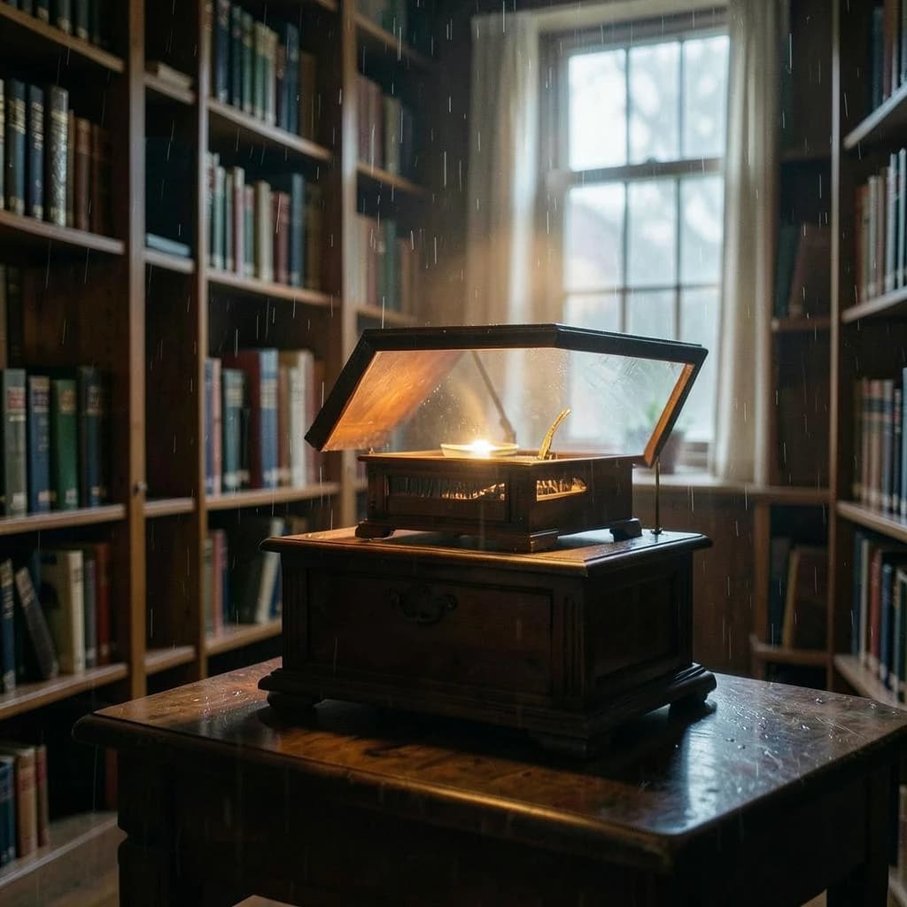 The quiet second when a music box takes on a thin rim of warm light, in a quiet library, in light rain.