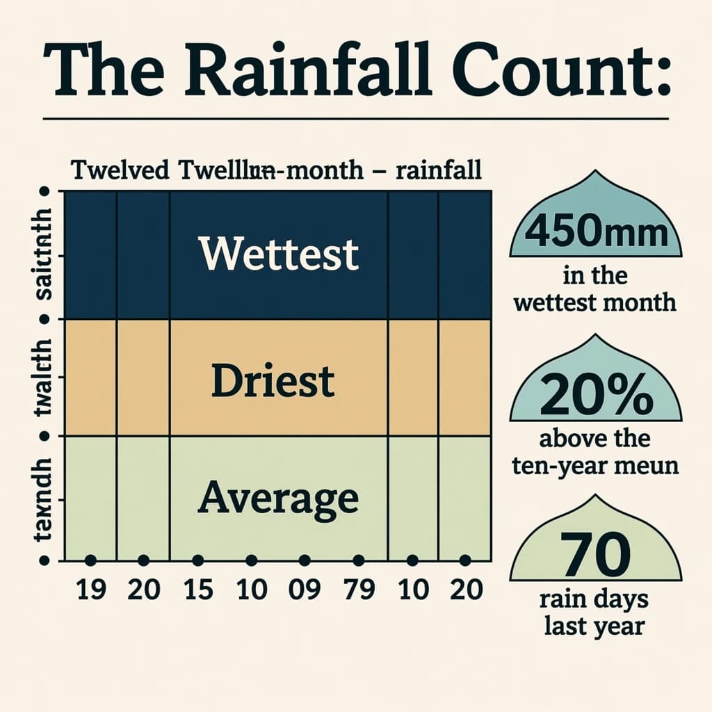 Printed poster titled "The Rainfall Count": at the center a twelve-month rainfall timeline, carrying three keyed regions, "Wettest" shaded dark blue, "Driest" shaded sand and "Average" shaded pale green, beside a right column of three stat chips reading "450mm in the wettest month", "20% above the ten-year mean" and "70 rain days last year".