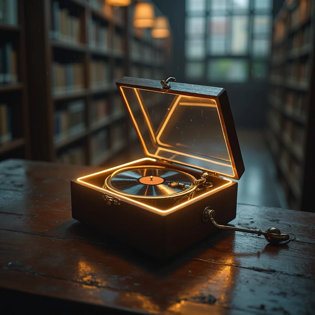 The quiet second when a music box takes on a thin rim of warm light, in a quiet library, in light rain.
