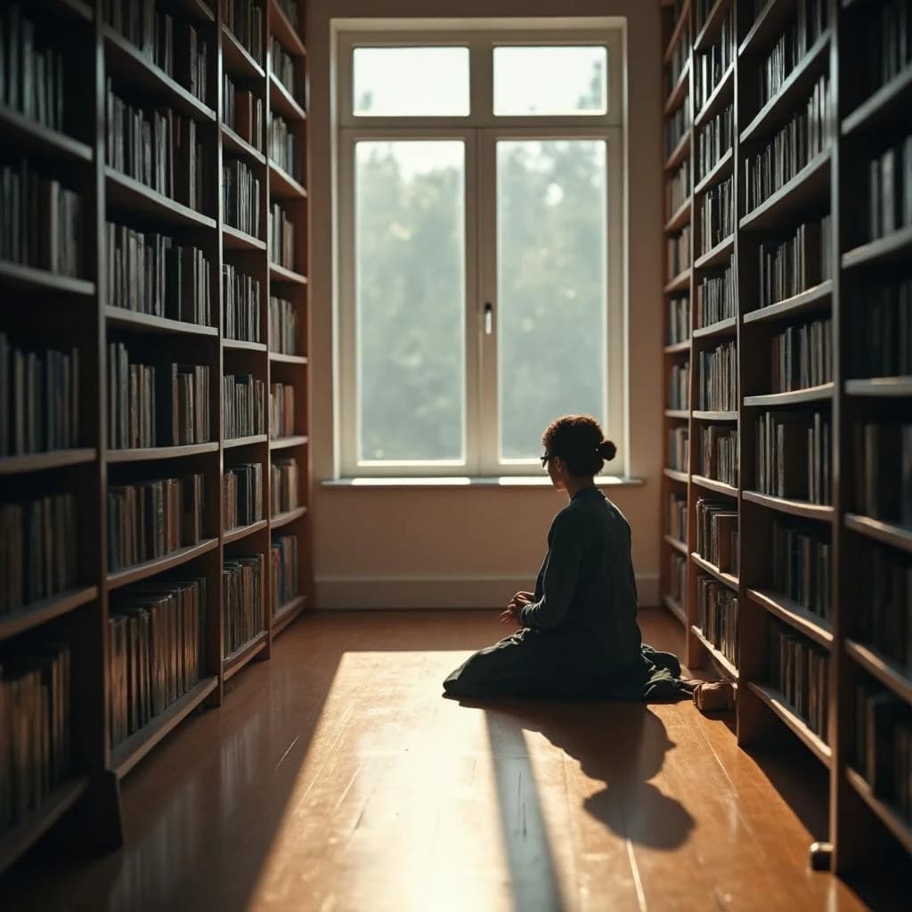 The quiet second when a paper airplane picks up a soft edge highlight, in a quiet library, after a light rain shower.