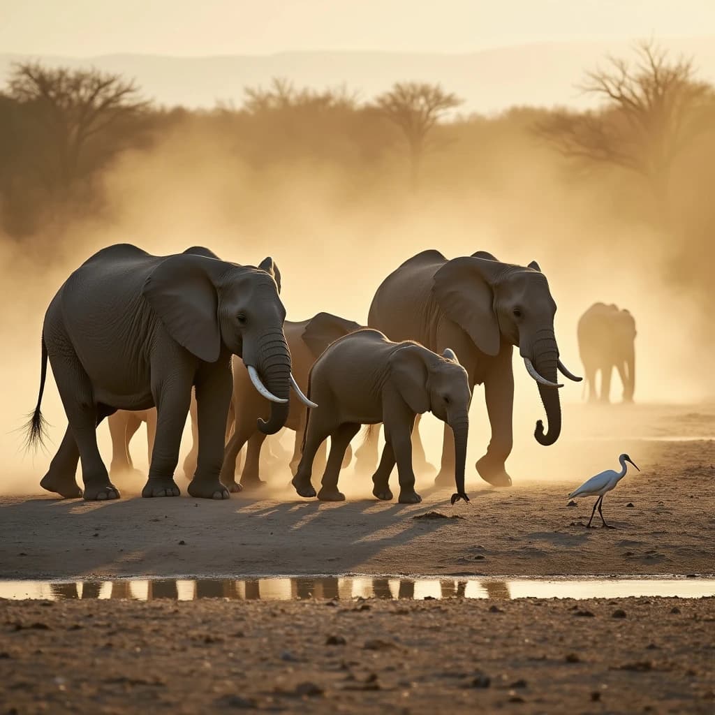 Wildlife photograph for a conservation campaign: a herd crossing a dusty riverbed in low sun. Seven elephants walking left to right, three adults flanking on the outside and two calves tucked between them, one adult trailing at the rear with a broken tusk, and the lead matriarch already up the far bank. Four egrets on the ground, only two of them near the calves. Long shadows, dust haze, nothing written in frame.
