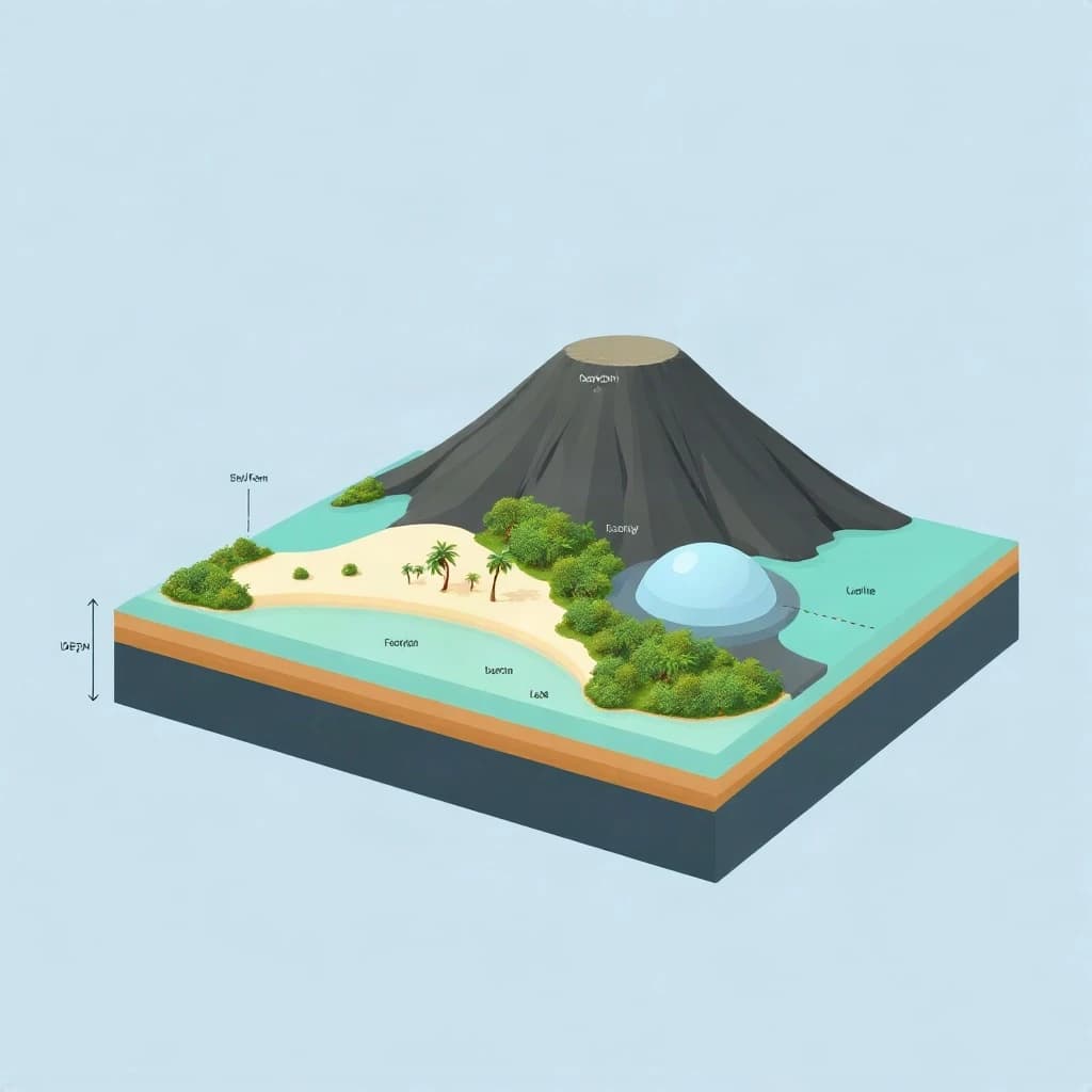 Cross section of a volcanic tropical island as a flat academic figure with clean colour blocks and a horizontal sea level line. Reading from the ocean on the left toward the right: a fringing reef crest, a shallow lagoon holding three coral heads, a white sand beach, a coconut palm belt of five trees, then a rising basalt cone with two lava layers picked out in darker grey, and a freshwater lens drawn as a pale blue dome under the middle of the island. Below sea level the flanks drop in three stepped terraces to a flat deep floor. Eight leader line labels, a depth scale down the left edge, and a small locator inset in the top right.