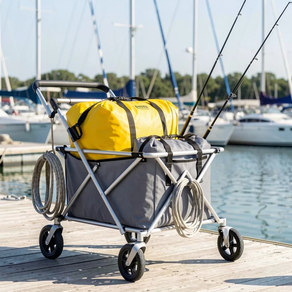 Lifestyle listing photo on a marina dock: a folding dock cart holding three dry bags, the largest yellow and the two smaller ones grey, two fishing rods leaning against the handle, and one coiled dock line hanging from the front rail. Masts blurred behind.