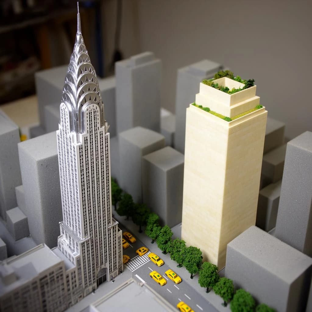Tilt shift photograph of a hand built architectural scale model of a Midtown Manhattan block, studio lit from the upper left.
The Chrysler Building stands on the corner in polished silver card with its stepped crown and triangular windows. Directly across the street sits a proposed cream limestone tower, two floors shorter, topped by a stepped roof garden. Between them four smaller grey massing blocks in plain foam. Six tiny yellow cabs on the avenue, three stopped at the crossing and three queued behind, with a line of green model trees down the median.