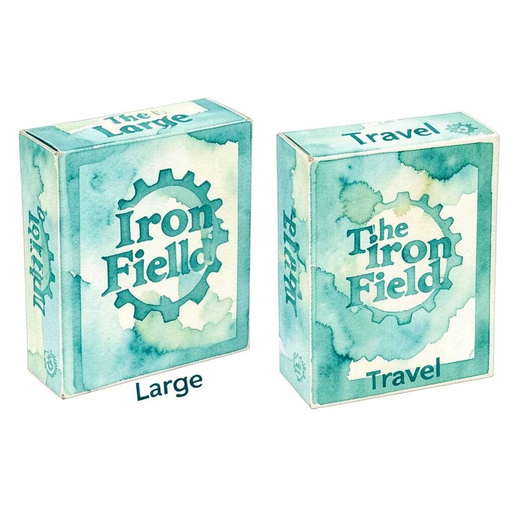 Watercolor: one board-game box in two editions. The editions are captioned "Large" and "Travel" in that order. The wordmark "The Iron Field" appears on every edition with a six-tooth gear mark beside it. The teal-and-cream coloring is the same across every edition, and only the box size changes.