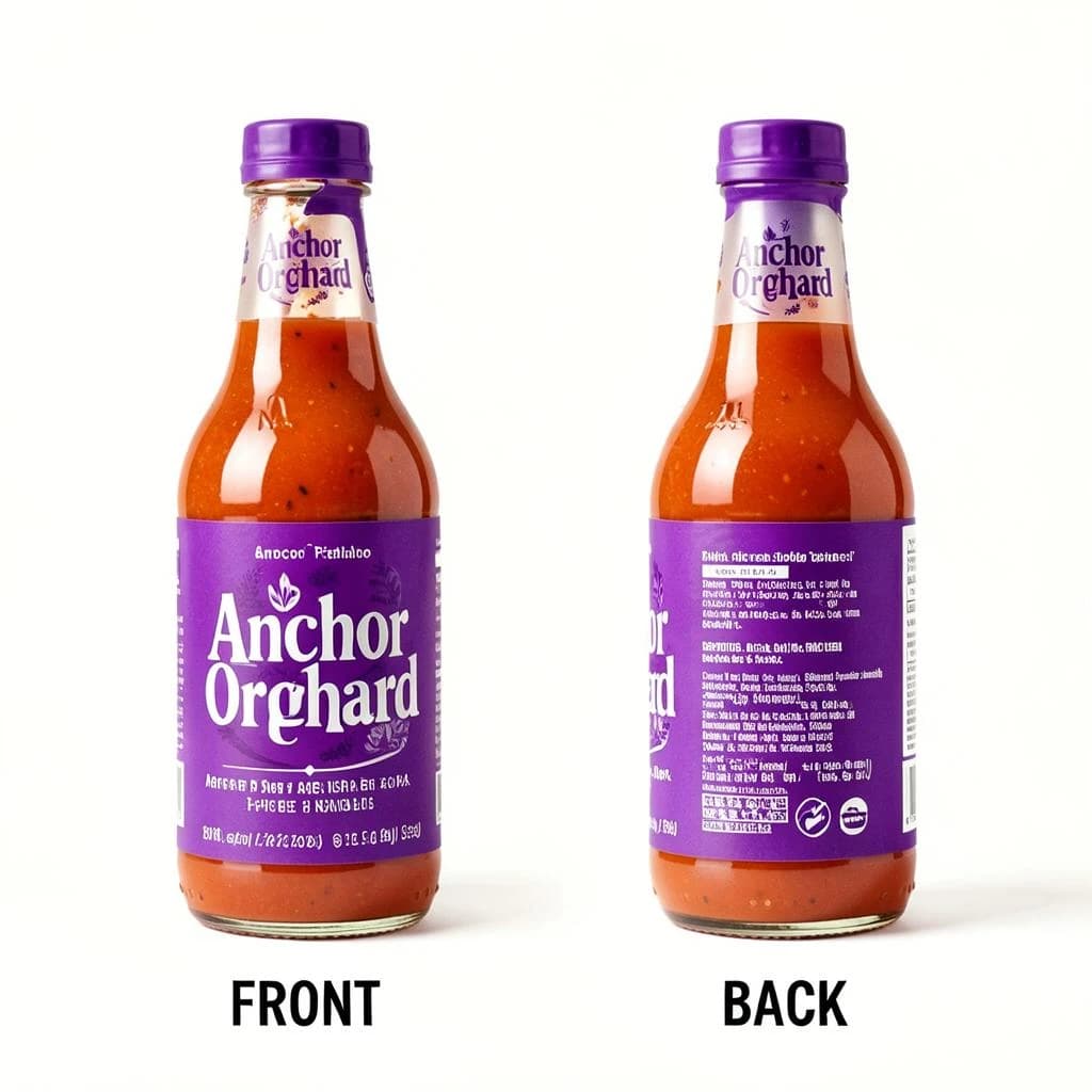 Printed poster: one hot-sauce bottle in two views. The views are captioned "front" and "back" in that order. The wordmark "Anchor Orchard" appears on every view. The purple-and-white coloring is the same across every view, and only the angle changes.