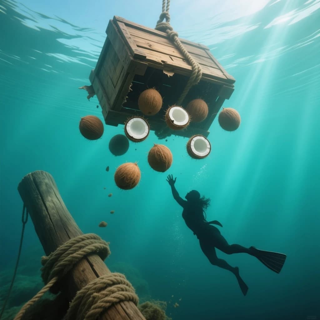 Underwater photography, film still from a castaway feature, shot from six metres down looking up toward the surface. A wooden crate has burst mid-sink: nine coconuts drift out of it, five still husked and pale brown, four split open and white, the split ones sinking faster than the whole ones. The crate hangs above them, lid half torn away, roped to a sunken mast that runs out of frame to the lower left. A swimmer silhouetted against the bright surface reaches down toward the nearest whole coconut, one fin missing. Blue green water column, sunbeams, drifting particles, natural light only.