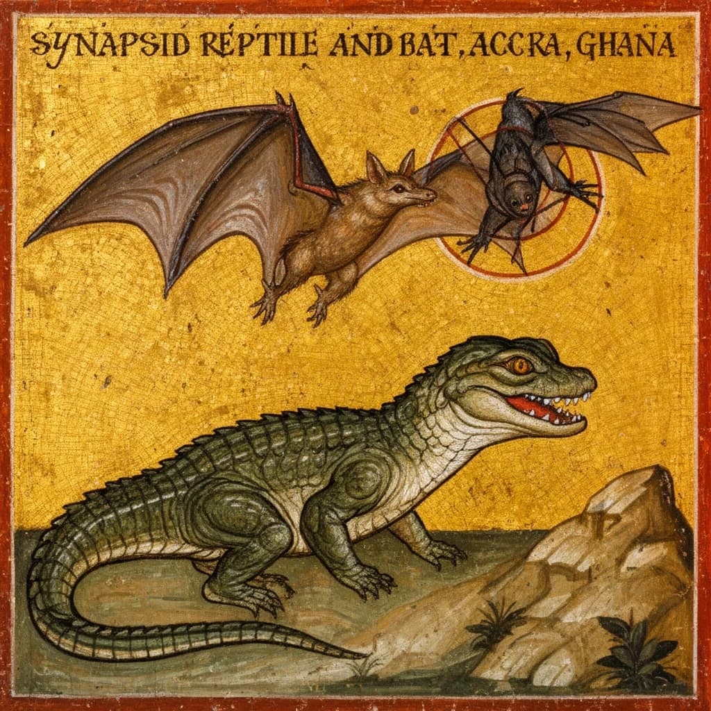 Synapsid Reptile and Bat in Accra, Ghana in the style of byzantine
