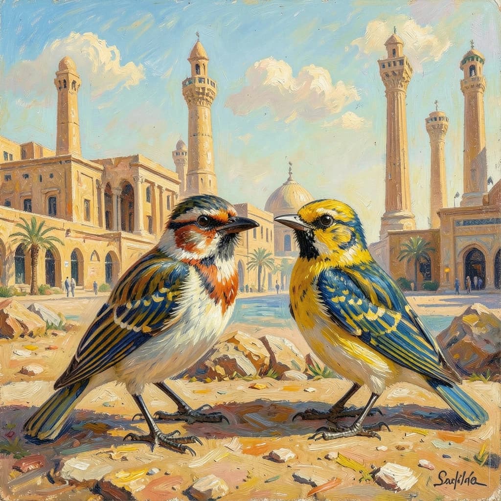 Scrub-Bird and Yellowtail in Cairo, Egypt in the style of impressionist