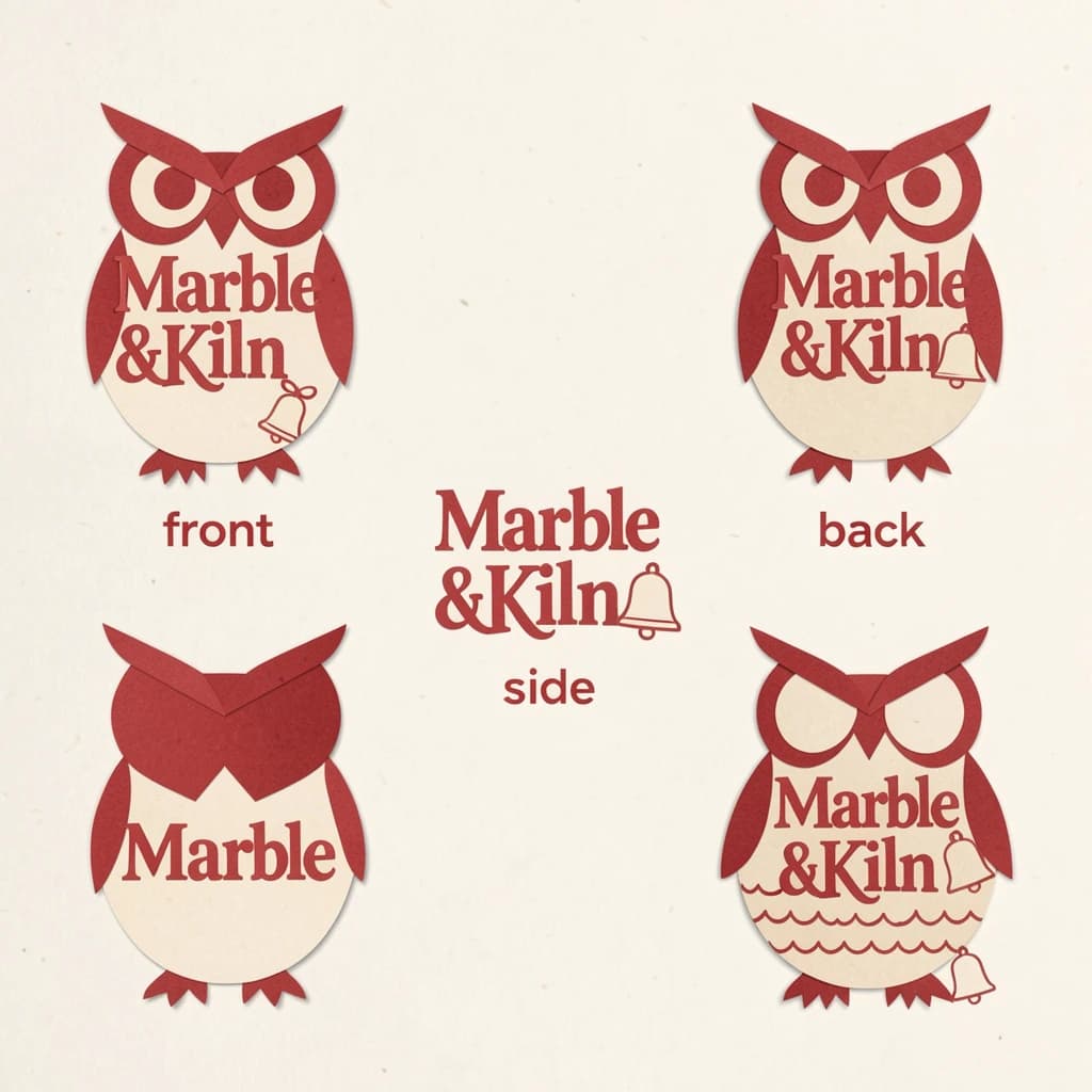 Cut-paper collage of the same bookstore owl mascot drawn in three views, captioned "front", "side" and "back", every view carrying the wordmark "Marble & Kiln" with a small bell outline beside it in the same red-and-cream coloring, only the angle changing.