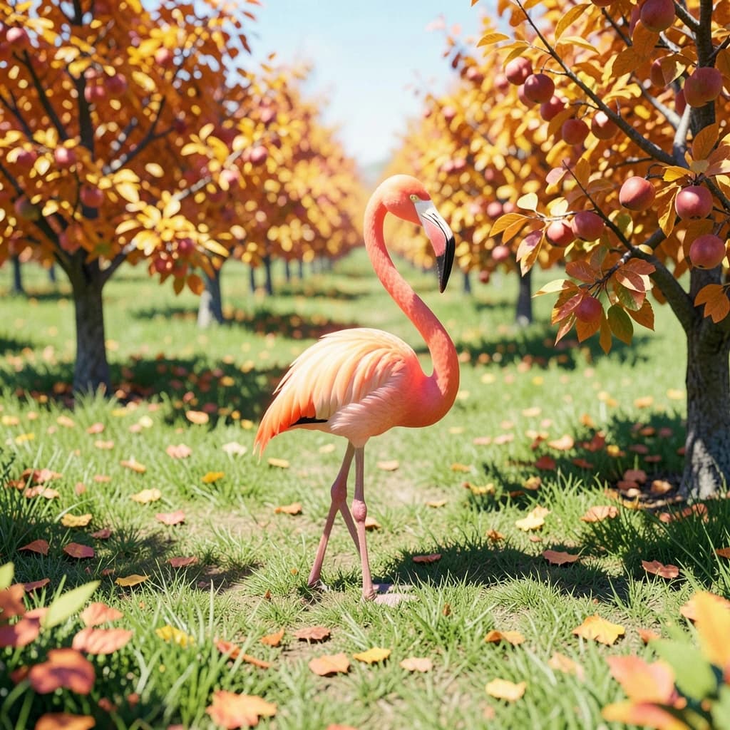 flamingo, autumn orchard, bright midday sun, telephoto compression, isometric 3D, subtle texture