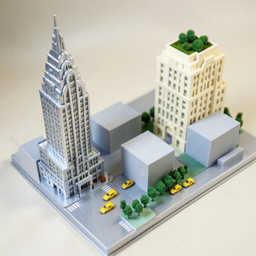 Tilt shift photograph of a hand built architectural scale model of a Midtown Manhattan block, studio lit from the upper left.
The Chrysler Building stands on the corner in polished silver card with its stepped crown and triangular windows. Directly across the street sits a proposed cream limestone tower, two floors shorter, topped by a stepped roof garden. Between them four smaller grey massing blocks in plain foam. Six tiny yellow cabs on the avenue, three stopped at the crossing and three queued behind, with a line of green model trees down the median.