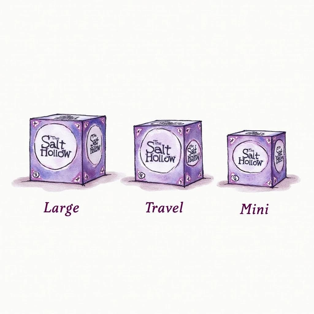 Watercolor of the same board-game box drawn in three editions, captioned "Large", "Travel" and "Mini", every edition carrying the wordmark "The Salt Hollow" in the same purple-and-white coloring, only the box size changing.
