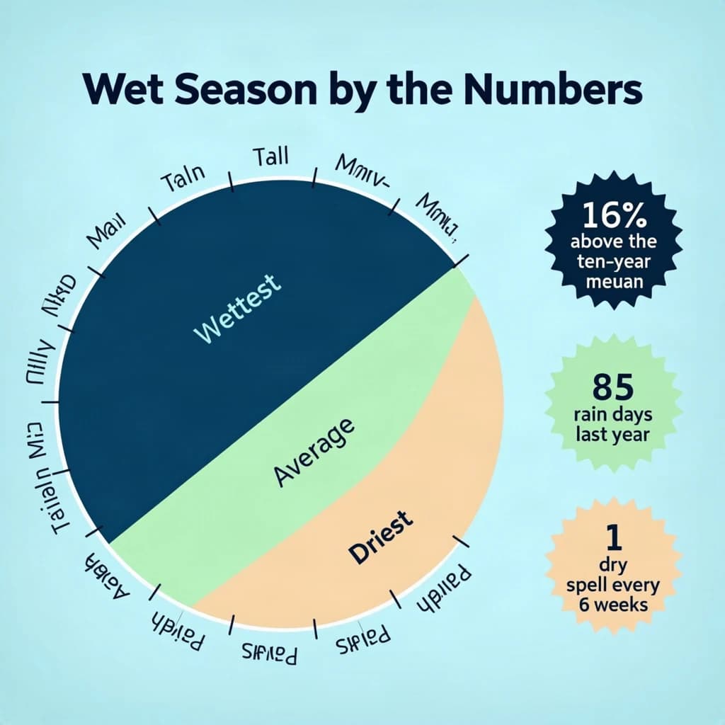 Flat vector illustration titled "Wet Season by the Numbers". A twelve-month rainfall timeline sits at the center, carrying three keyed regions, "Wettest" shaded dark blue, "Average" shaded pale green and "Driest" shaded sand. Three stat chips run down a right column, reading "16% above the ten-year mean", "85 rain days last year" and "1 dry spell every 6 weeks". Each key color matches the shading of the region it names.