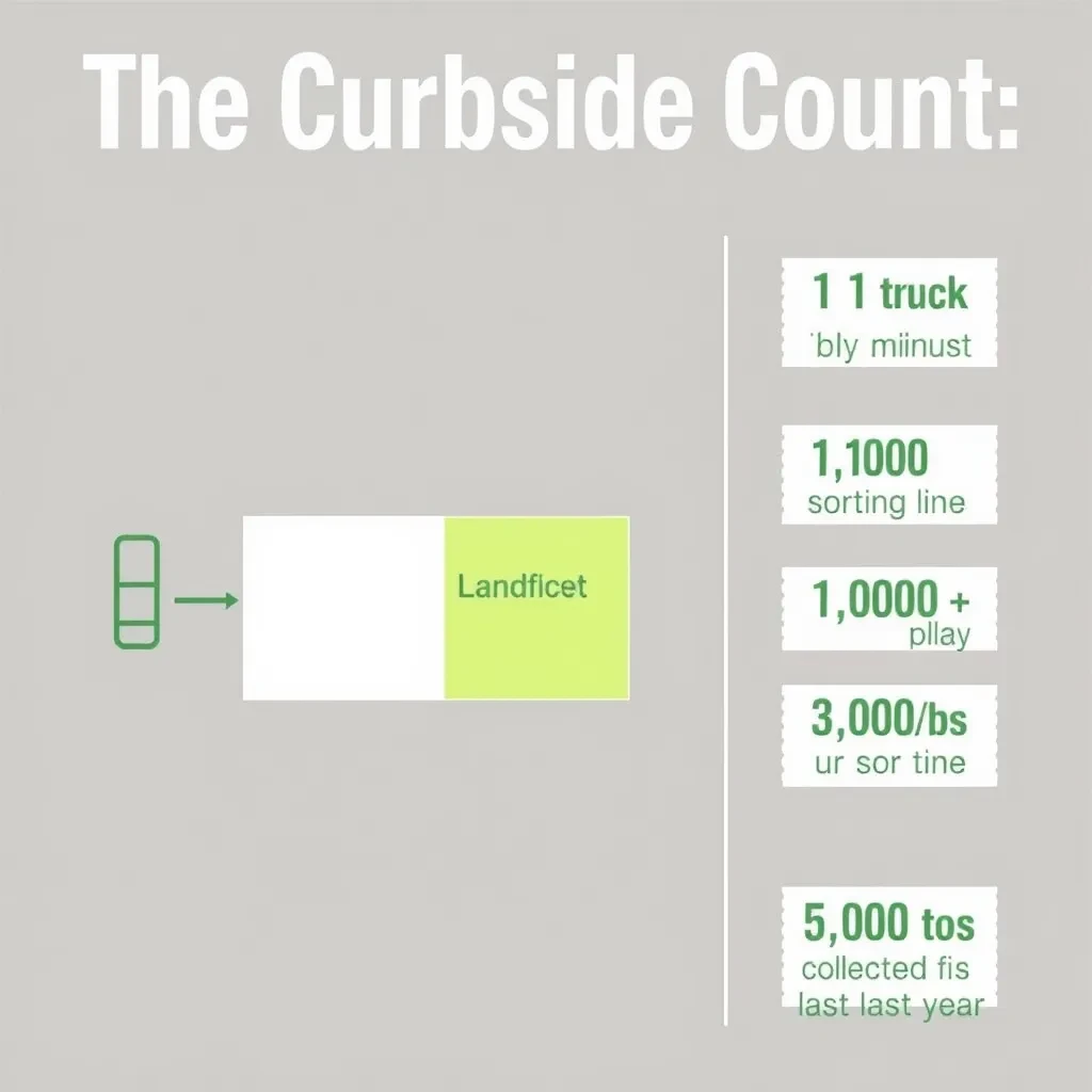 Printed poster titled "The Curbside Count": at the center a flow chart from curb to sorting floor, carrying two keyed regions, "Glass" shaded green and "Landfill" shaded gray, beside a right column of three stat chips reading "1 truck every 15 minutes", "11 sorting lines running" and "35,000 tons collected last year".