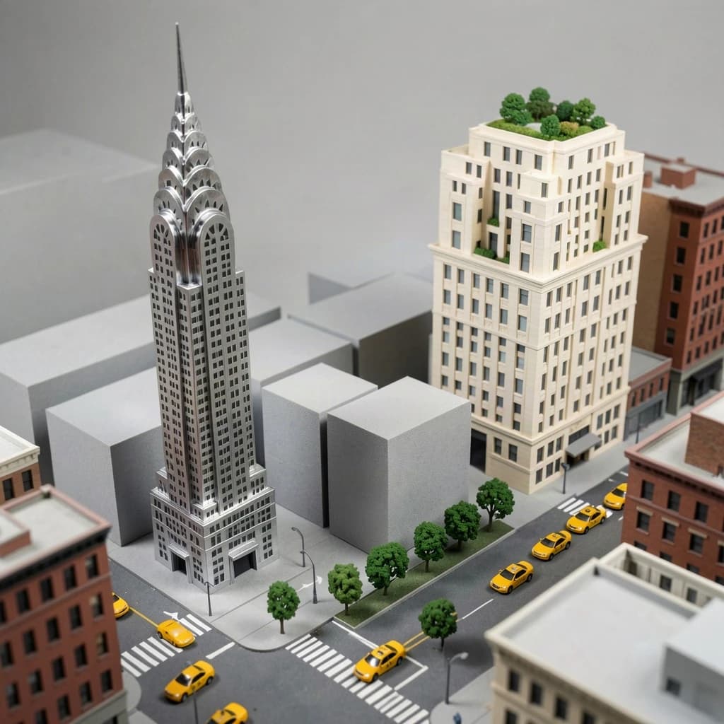 Tilt shift photograph of a hand built architectural scale model of a Midtown Manhattan block, studio lit from the upper left.
The Chrysler Building stands on the corner in polished silver card with its stepped crown and triangular windows. Directly across the street sits a proposed cream limestone tower, two floors shorter, topped by a stepped roof garden. Between them four smaller grey massing blocks in plain foam. Six tiny yellow cabs on the avenue, three stopped at the crossing and three queued behind, with a line of green model trees down the median.
