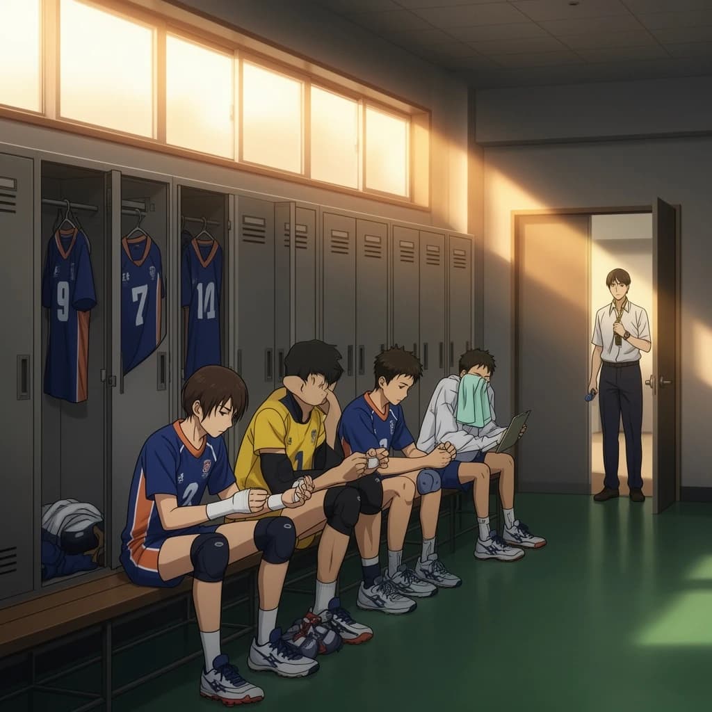 Modern anime interior for a high school volleyball series, wide view down a team locker room after practice. Eight lockers along the back wall in two banks of four, the three on the far left hanging open with jerseys spilling out and the rest shut. Four players occupy the foreground bench: the setter re-taping two fingers, the libero pulling on a knee sleeve, the captain reading a clipboard, and a first year asleep sitting upright with a towel over his face. A coach stands in the right doorway holding a whistle, half in shadow. Warm late-sun bars fall through high frosted windows, cel shading, clean bold linework.