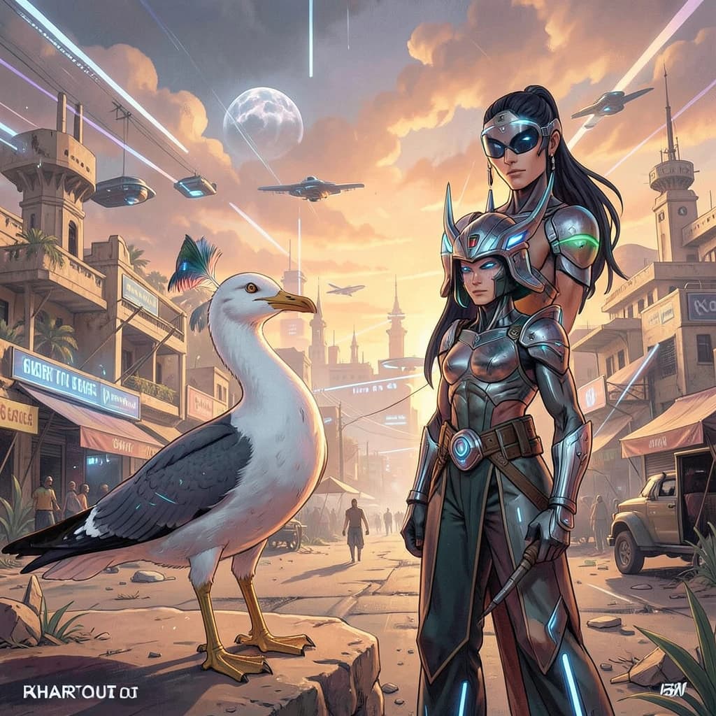 Seagull and Odonate in Khartoum, Sudan in the style of futurism