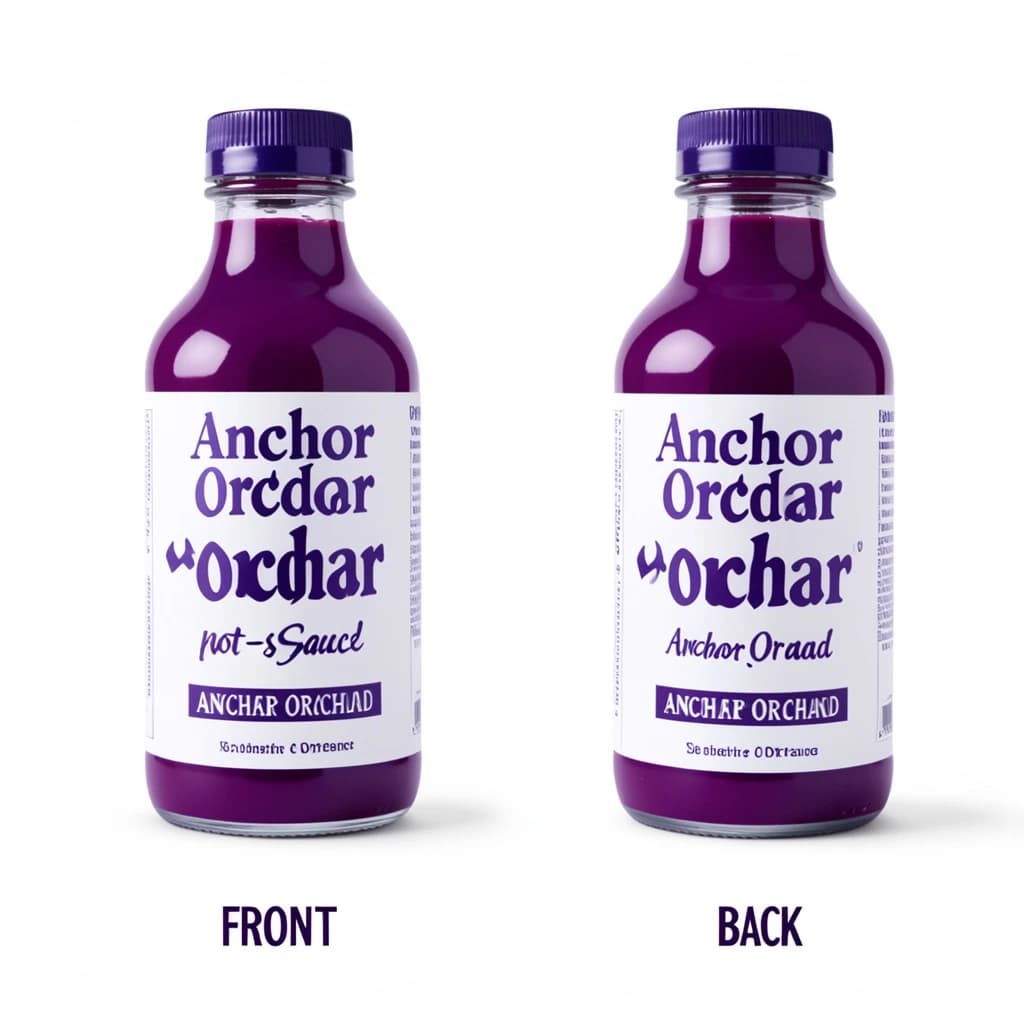Printed poster: one hot-sauce bottle in two views. The views are captioned "front" and "back" in that order. The wordmark "Anchor Orchard" appears on every view. The purple-and-white coloring is the same across every view, and only the angle changes.