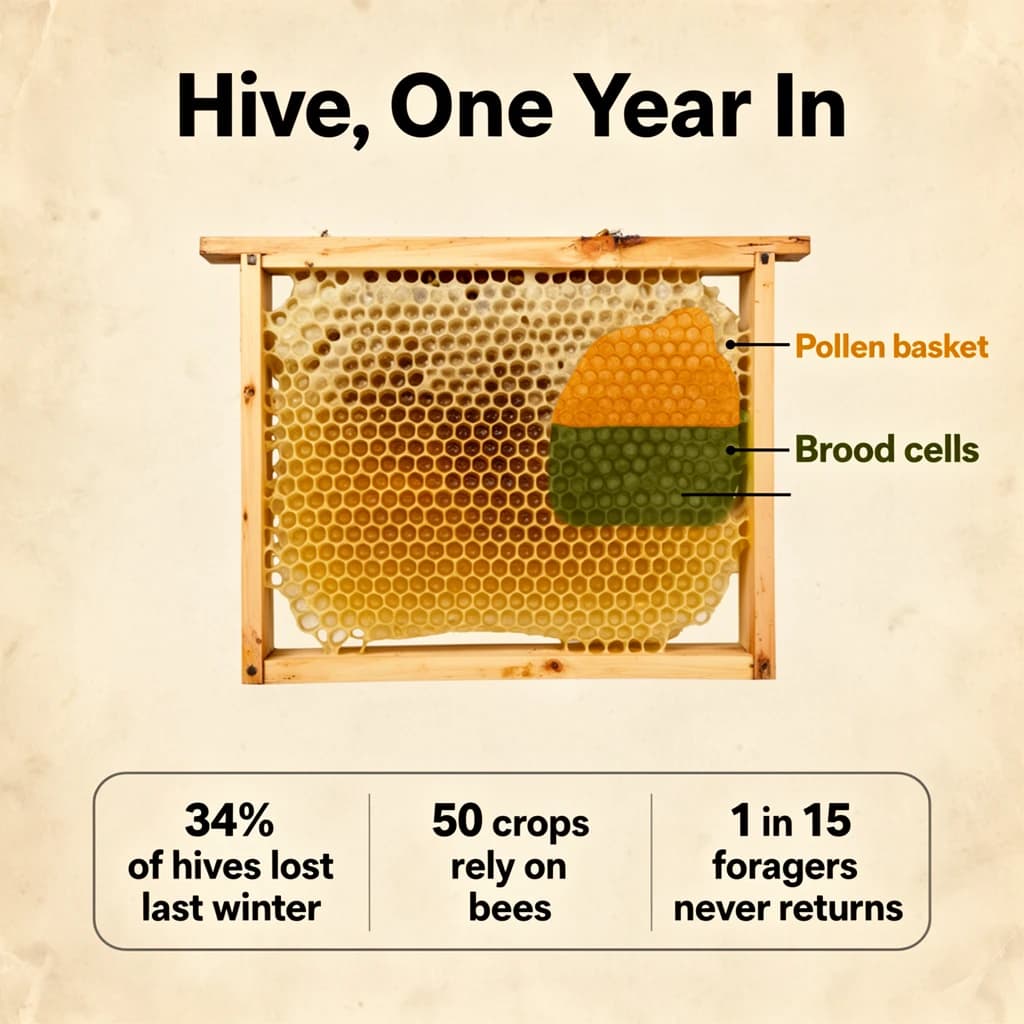 Printed poster titled "Hive, One Year In": at the center a cutaway of a hive frame, carrying two keyed regions, "Pollen basket" shaded amber and "Brood cells" shaded olive, beside a bottom row of three stat chips reading "34% of hives lost last winter", "50 crops rely on bees" and "1 in 15 foragers never returns".