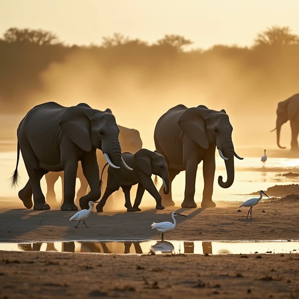 Wildlife photograph for a conservation campaign: a herd crossing a dusty riverbed in low sun. Seven elephants walking left to right, three adults flanking on the outside and two calves tucked between them, one adult trailing at the rear with a broken tusk, and the lead matriarch already up the far bank. Four egrets on the ground, only two of them near the calves. Long shadows, dust haze, nothing written in frame.