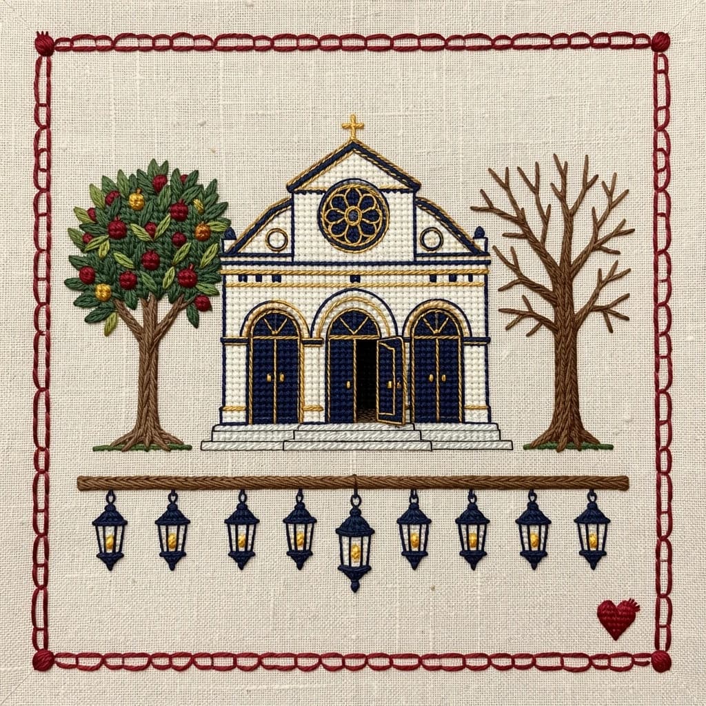 Pin stitched as a cross stitch sampler on natural linen, chunky visible stitches. Center: a synagogue front elevation in deep blue and gold thread, a rose window above three arched doors, the middle door taller and standing open while the two outer doors are closed. Two stitched olive trees flank the building, the left one heavy with fruit and the right one bare. Along the bottom, nine stitched lamps hang from a stitched beam with the middle lamp hanging lower than the rest. A narrow pomegranate border runs all the way around, with a small stitched heart in the bottom right corner.