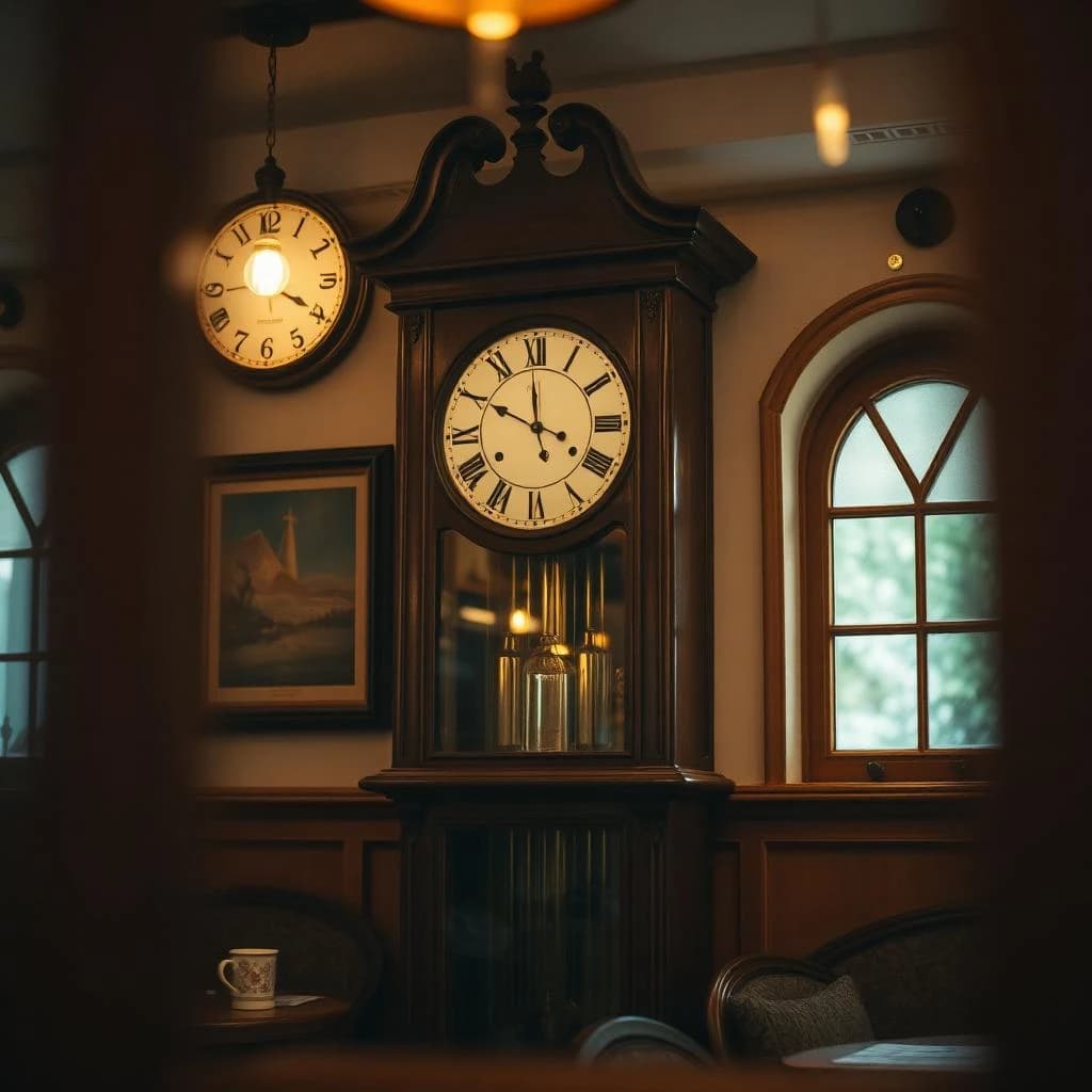 135mm f/1.8 close-up framing of a grandfather clock inside a cozy cafe, lit by bounced light, gentle vignetting, large-format look