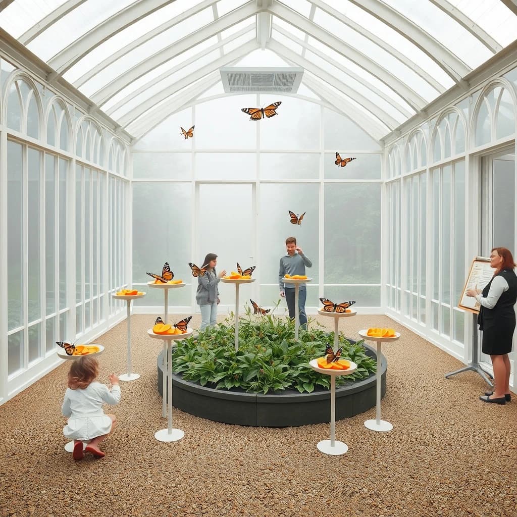 Interior render of a glasshouse butterfly conservatory, white cast iron arches and misted glass, humid morning light.
A raised planting bed spirals through the centre with a gravel path running around it. Five feeding stations on slim posts stand along the path, each holding a shallow dish of orange slices: monarch butterflies cluster on three of the dishes while two are untouched. Seven more monarchs rest on the milkweed in the bed and two are in flight above the path. Three visitors in the room, a child crouching at the nearest feeding station, an adult behind her pointing upward, and a guide standing at the far end beside an information board. Fine mist drifting near the roof vents. Physically based render.