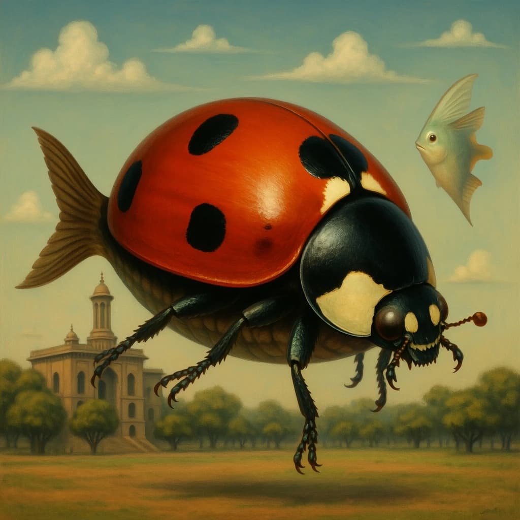 Dace and Ladybird Beetle in New Delhi, India in the style of surrealist
