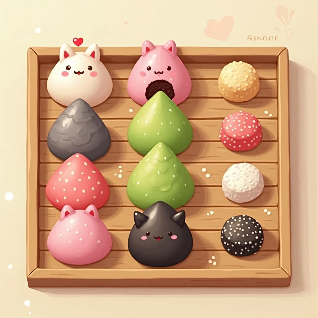 Match three board for a cozy sweets game, cute stylized 3D animation look. Nine mochi in a three by three grid on a bamboo tray: the top row strawberry pink, the middle row matcha green, the bottom row black sesame grey. The center green one has a bite taken out and a small heart icon floating above it. Two of the pink mochi wear tiny cat ears. To the right of the tray, a vertical strip of three power up icons, a whisk, a teapot and a fan. Soft pastel lighting, glossy dusted surfaces.