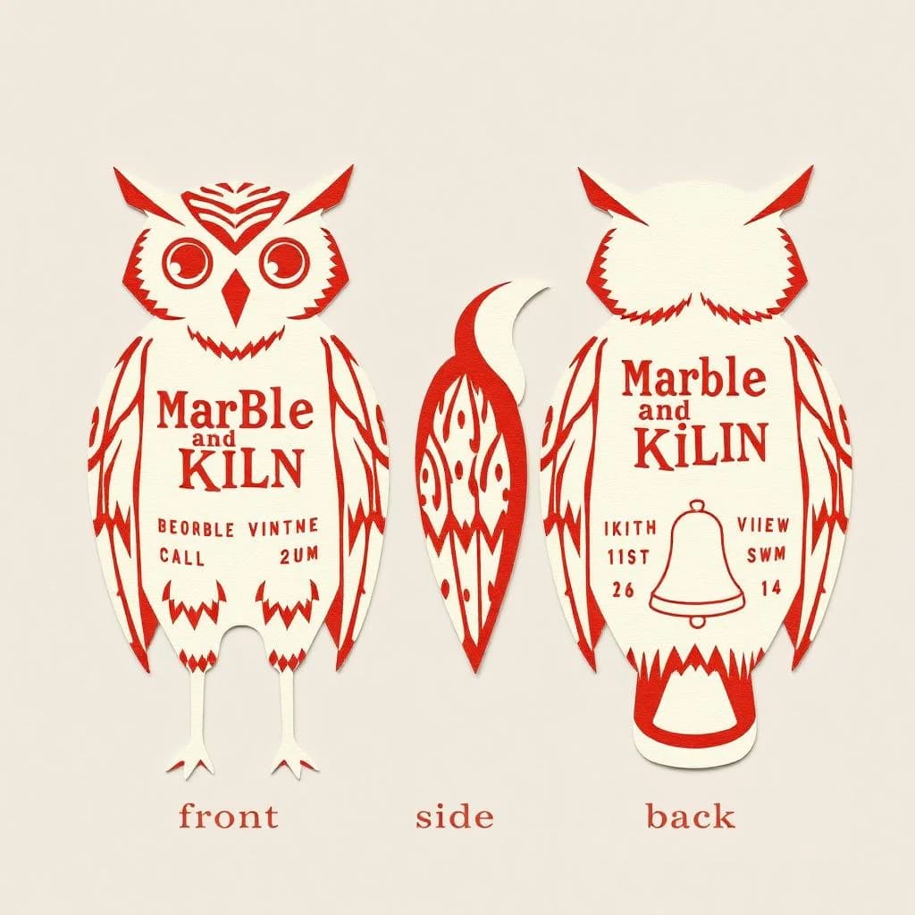 Cut-paper collage of the same bookstore owl mascot drawn in three views, captioned "front", "side" and "back", every view carrying the wordmark "Marble & Kiln" with a small bell outline beside it in the same red-and-cream coloring, only the angle changing.