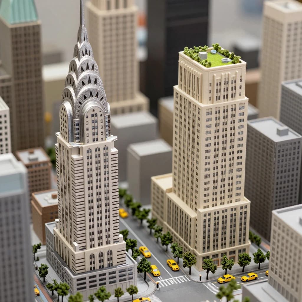 Tilt shift photograph of a hand built architectural scale model of a Midtown Manhattan block, studio lit from the upper left.
The Chrysler Building stands on the corner in polished silver card with its stepped crown and triangular windows. Directly across the street sits a proposed cream limestone tower, two floors shorter, topped by a stepped roof garden. Between them four smaller grey massing blocks in plain foam. Six tiny yellow cabs on the avenue, three stopped at the crossing and three queued behind, with a line of green model trees down the median.