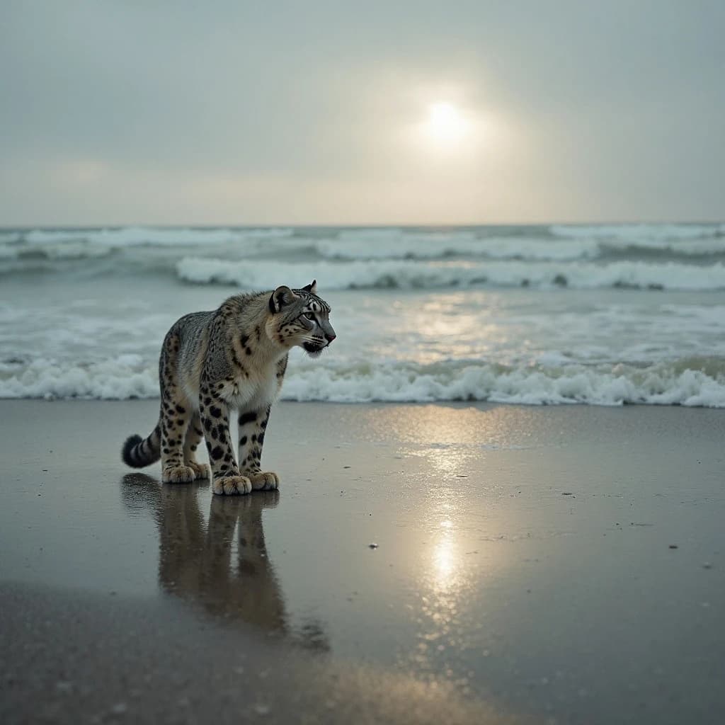 The pause when a snow leopard meets a low band of sun, on a windswept beach, under an overcast sky.